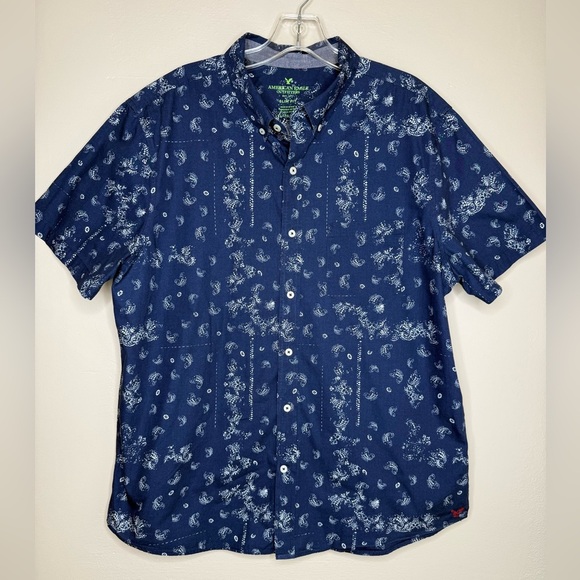 American Eagle Blue Paisley Slim Fit Short Sleeve Preppy Button Up Size XL - Picture 1 of 7